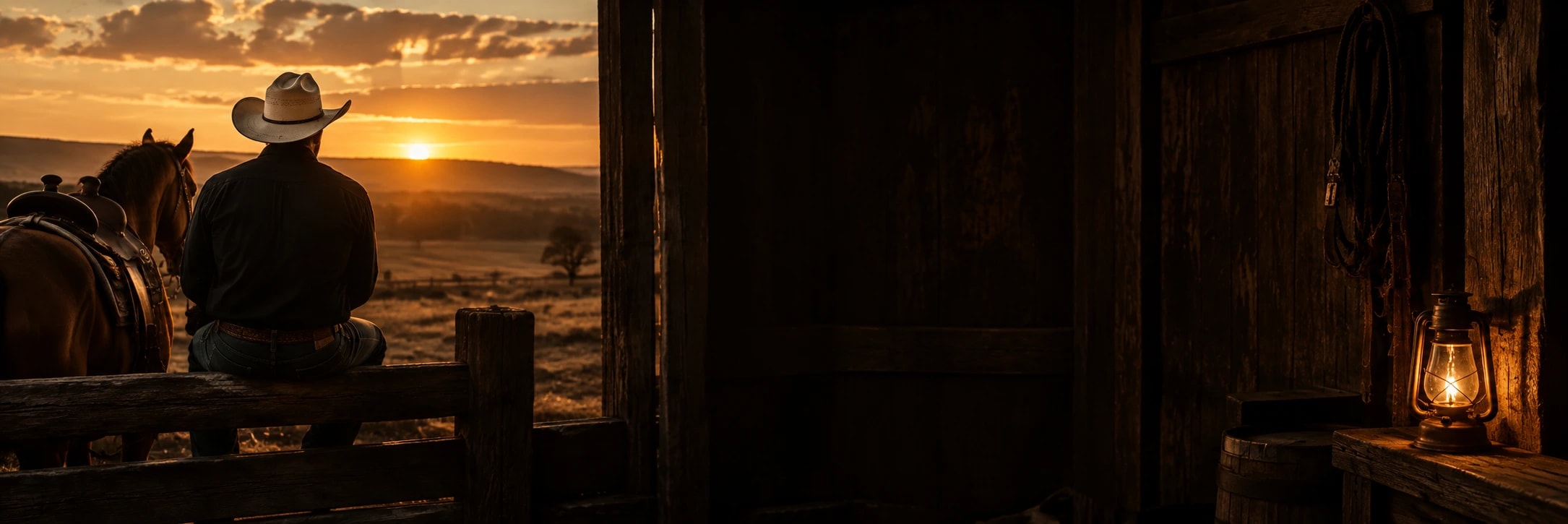 Cowboy em um rancho americano ao pôr do sol