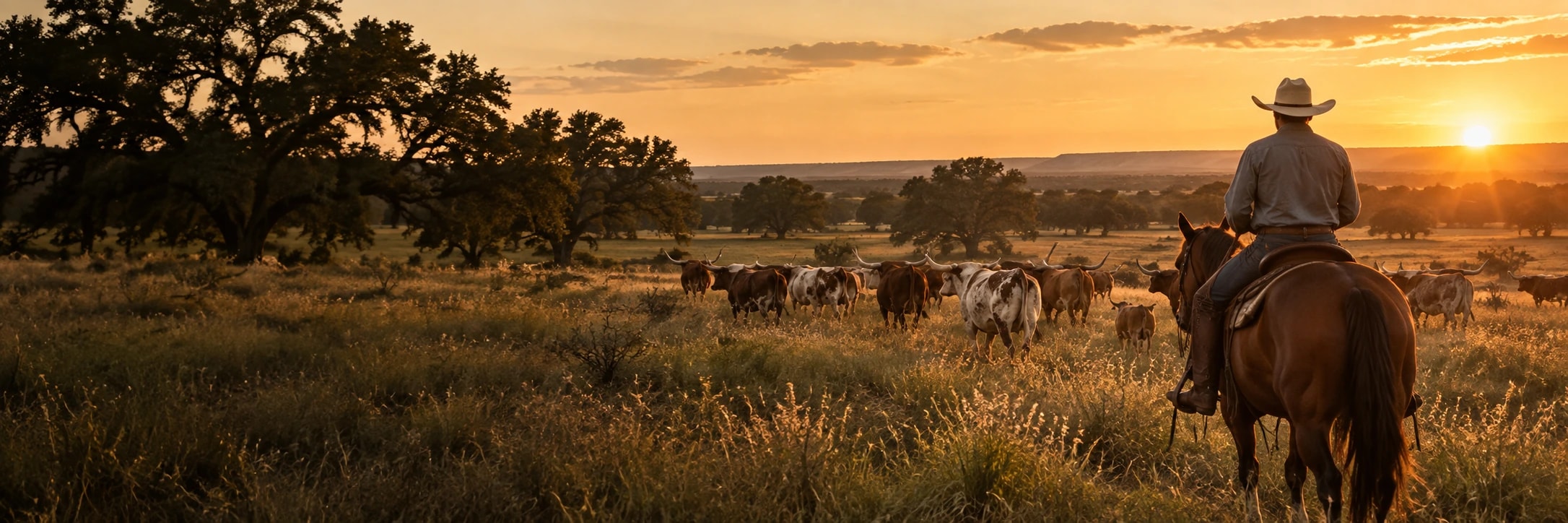 Cowboy a cavalo acompanhando o gado no campo ao entardecer